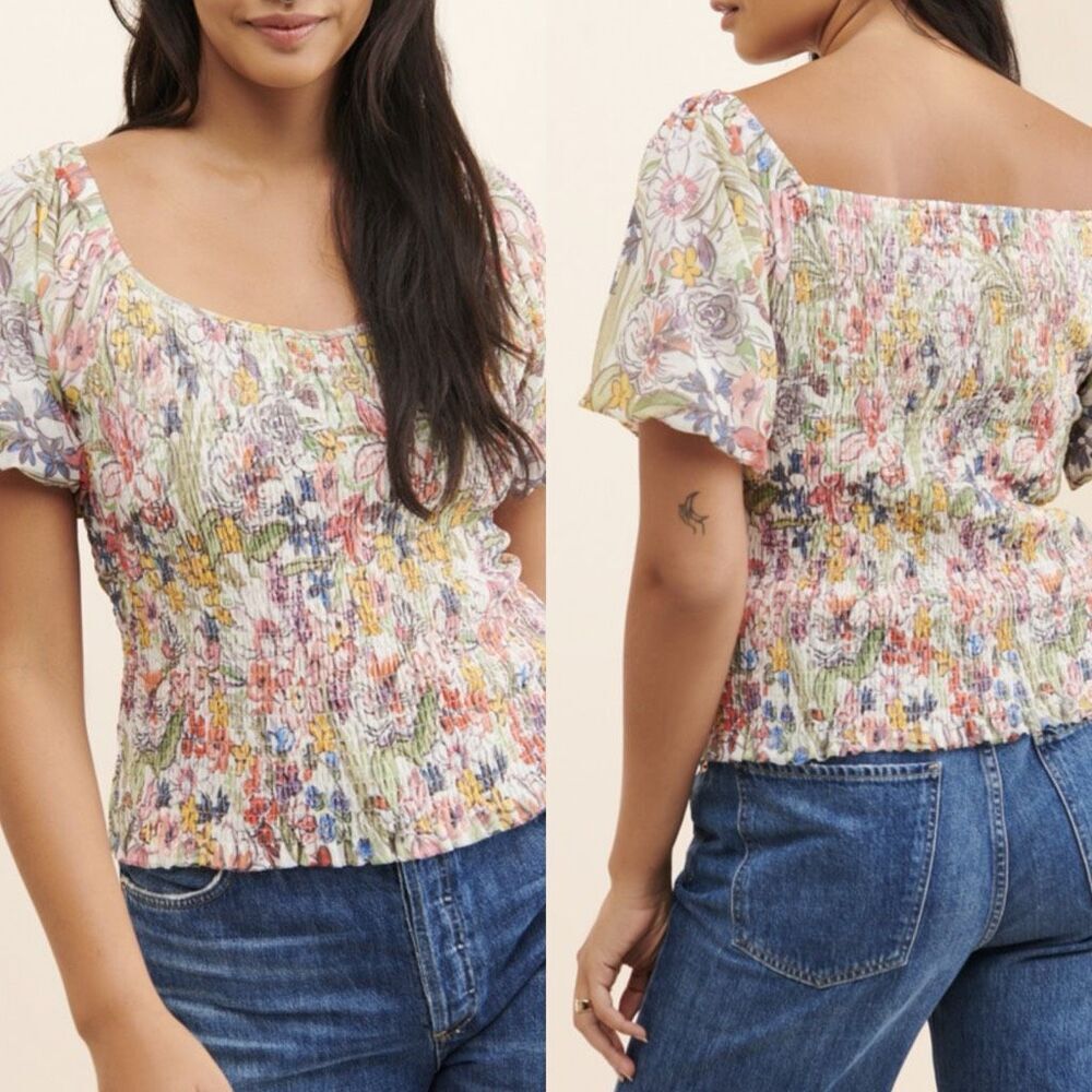 Anthropologie Smocked Floral Puff Sleeve Top Multicolor Size L Stretchy Summer B - Picture 5 of 13